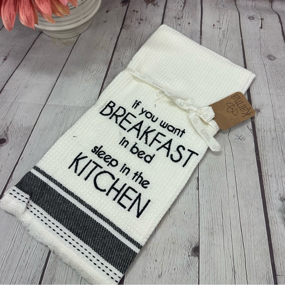 NWT karma boutique White Black Kitchen tea Towel 100% Cotton breakfast in bed